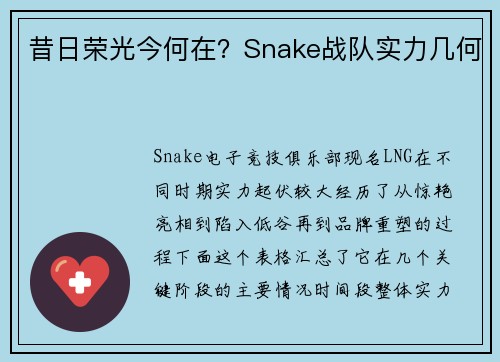 昔日荣光今何在？Snake战队实力几何